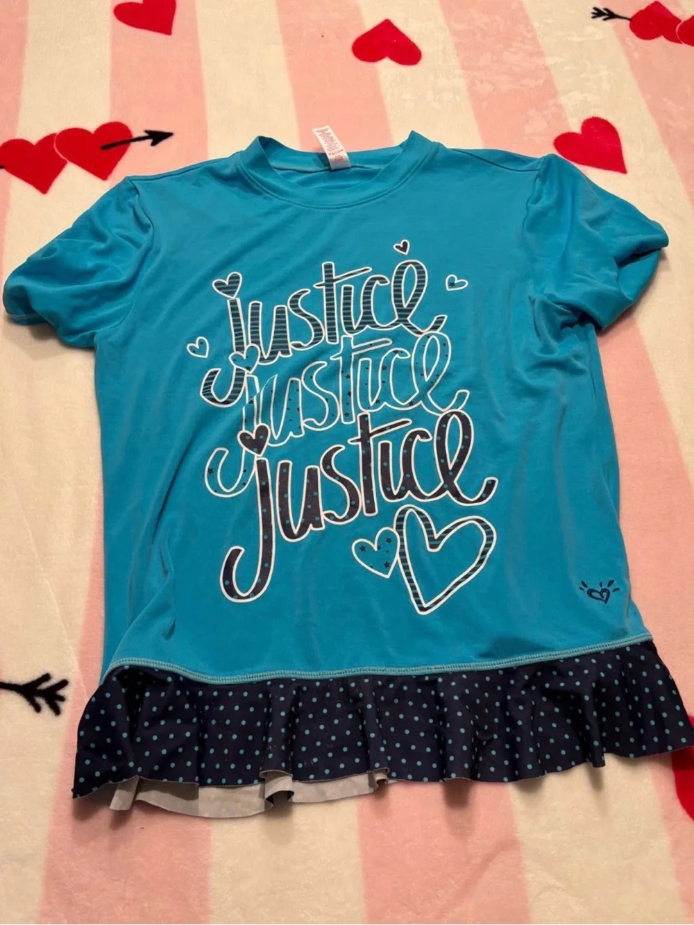 Justice Girls' Blue Heart Graphic Ruffle Hem Top swim shirt
